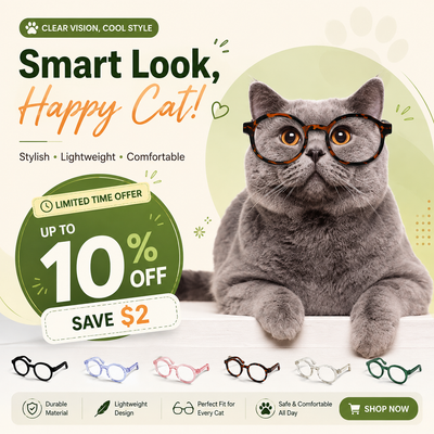 Promotional graphic for cat glasses featuring a gray cat wearing tortoiseshell round glasses, with text reading 'Smart Look, Happy Cat!' and multiple eyeglass color options along the bottom. The image includes sale text, 'Limited Time Offer,' and a 'Shop Now' button.