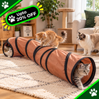 A cat tunnel play mat in terracotta orange with black trim, shown with three cats in a bright living room. A green promotional badge reading 'Upto 20% OFF' appears in the top left corner.