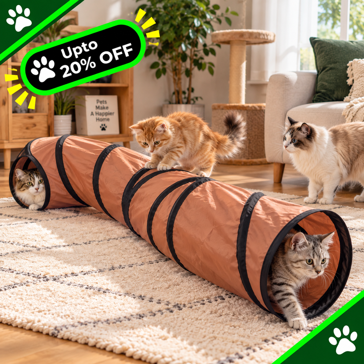 A cat tunnel play mat in terracotta orange with black trim, shown with three cats in a bright living room. A green promotional badge reading 'Upto 20% OFF' appears in the top left corner.