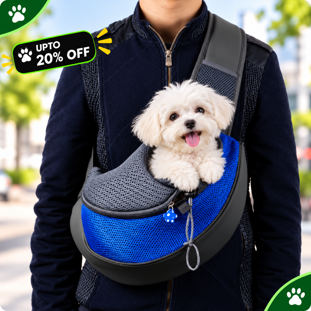 A small white dog sits in a blue and gray mesh pet carrier worn crossbody on a person outdoors. The carrier has a bright blue mesh front panel, dark gray mesh top, and black trim.