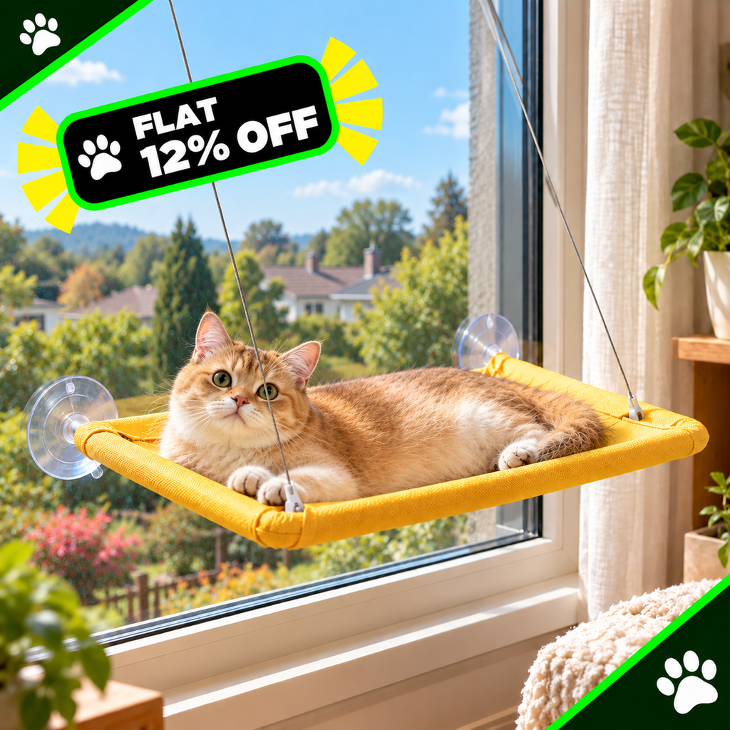 A golden cat lies in a yellow fabric window perch suspended by clear suction cups, shown in a real indoor room with a large window, plants, and curtains. Promotional corner graphics read 'FLAT 12% OFF' with paw icons.