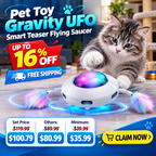 A gray tabby cat reaches toward a white flying saucer-style pet toy with colorful LED lighting and two fluffy multicolor feather tails. Large promotional text reads 'Pet Toy Gravity UFO Smart Teaser Flying Saucer,' with sale details and pricing at the bottom.