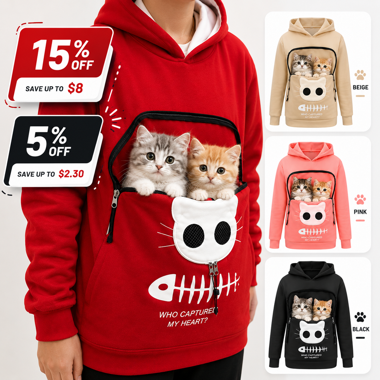 A person wearing a red hoodie with a large front graphic of two kittens in a white cat face and fish skeleton design. The image also shows three smaller color variants of the same hoodie: beige, pink, and black, each with a similar cat-pack graphic.