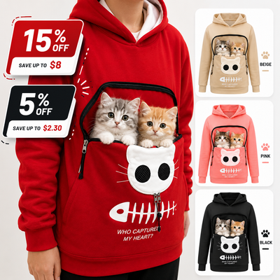 A person wearing a red hoodie with a large front graphic of two kittens in a white cat face and fish skeleton design. The image also shows three smaller color variants of the same hoodie: beige, pink, and black, each with a similar cat-pack graphic.