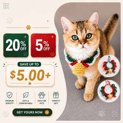A promotional graphic for a pet collar. A fluffy orange tabby cat is shown wearing the product, which is a soft knit collar with a green and white patterned top and a yellow crocheted bell.