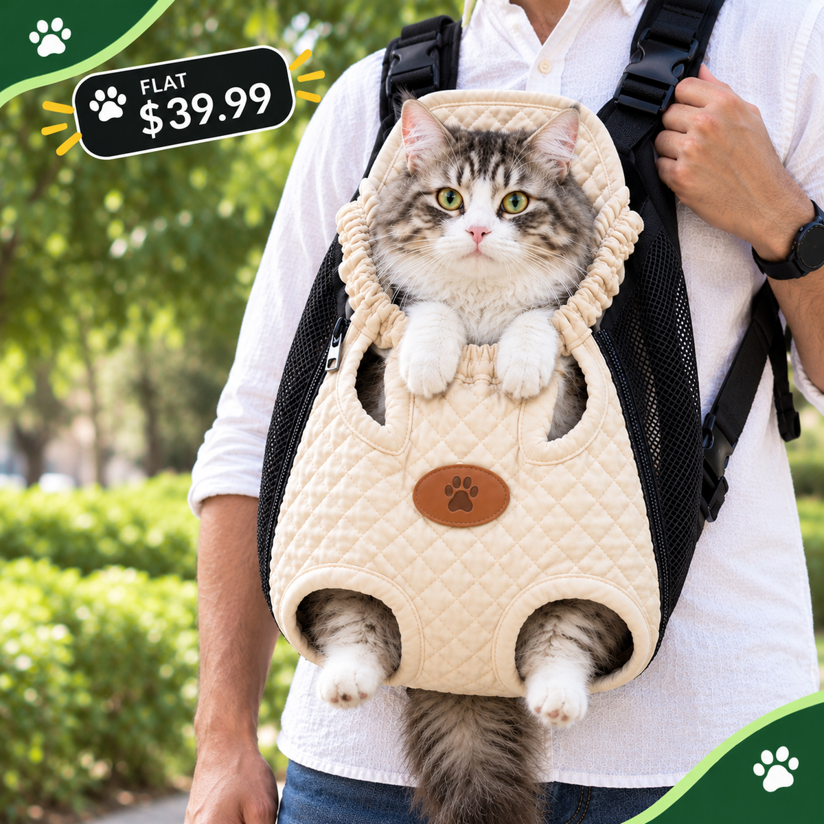 A fluffy gray and white cat sits in a quilted cream pet carrier backpack worn by a person outdoors. The carrier has black mesh side panels, a cream quilted front, a brown paw-print patch, and a green leaf graphic near the bottom.