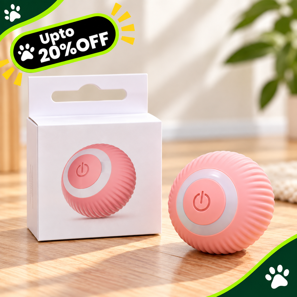 A pink ribbed ball toy with a white center and power button, shown next to its white retail box on a wooden surface. A green and black 'Upto 20% OFF' promotional badge is in the top-left corner.