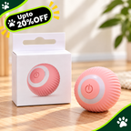 A pink ribbed ball toy with a white center and power button, shown next to its white retail box on a wooden surface. A green and black 'Upto 20% OFF' promotional badge is in the top-left corner.