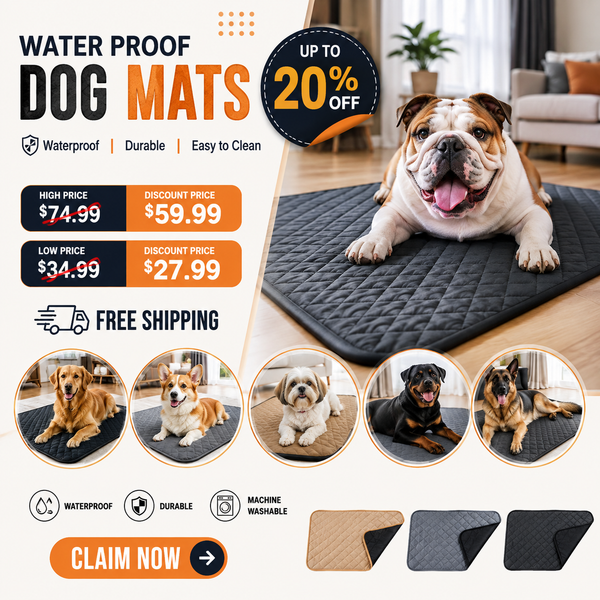 Waterproof dog mats shown in a promotional graphic with a bulldog lying on a dark gray quilted mat in a living room. The ad includes text highlighting features like waterproof, durable, and easy to clean, along with pricing, free shipping, smaller dog photos, and color options at the bottom.