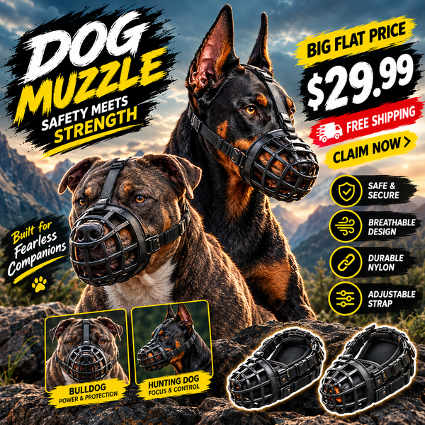 Two dogs wearing black muzzle gear are shown outdoors with large promotional text, price, shipping offer, feature icons, and two loose muzzles at the bottom right. This is not a clean product-only studio shot because animals and a real outdoor environment are present, so subject_type is Lifestyle rather than Product/Packaging.