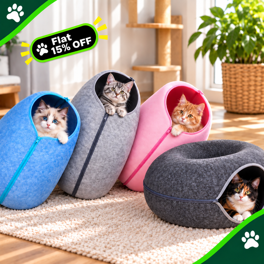 Four cat beds in blue, gray, pink, and dark gray are arranged on a rug in a bright room, each with a cat peeking out. A green promotional badge reading 'Flat 15% OFF' appears in the top left corner.