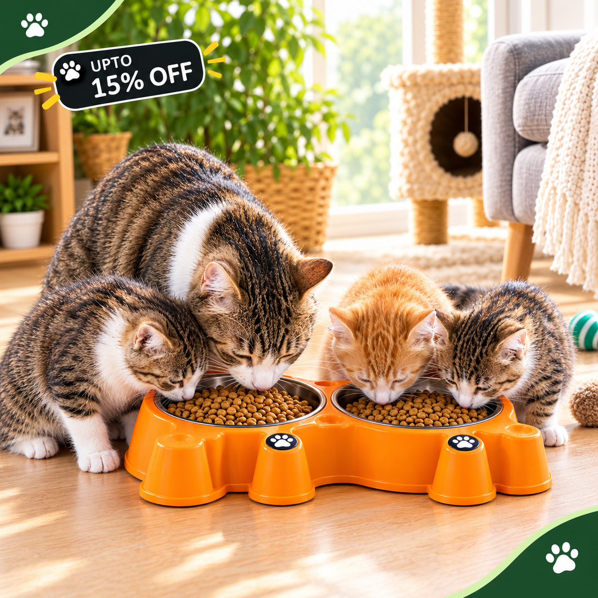 Four cats, including an adult and three kittens, eating from a bright orange multi-pet bowl in a cozy indoor room with a window, plants, and furniture visible in the background.