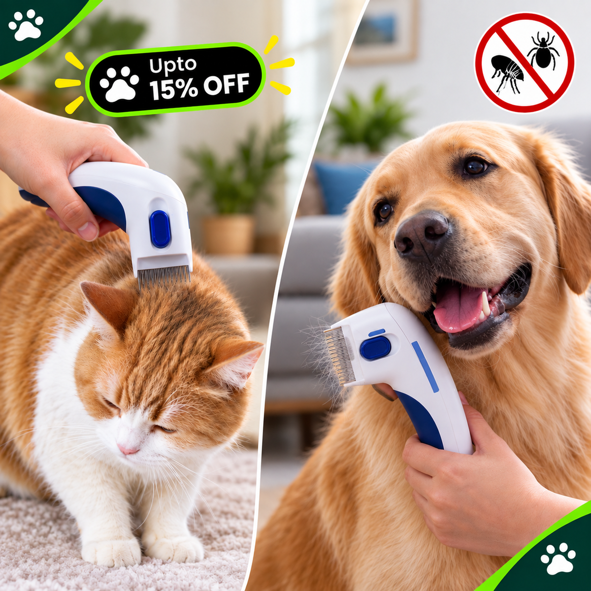 Pet grooming clipper shown being used on a cat and a dog, with promotional text reading 'Upto 15% OFF' and a mosquito repellent icon in the corner.