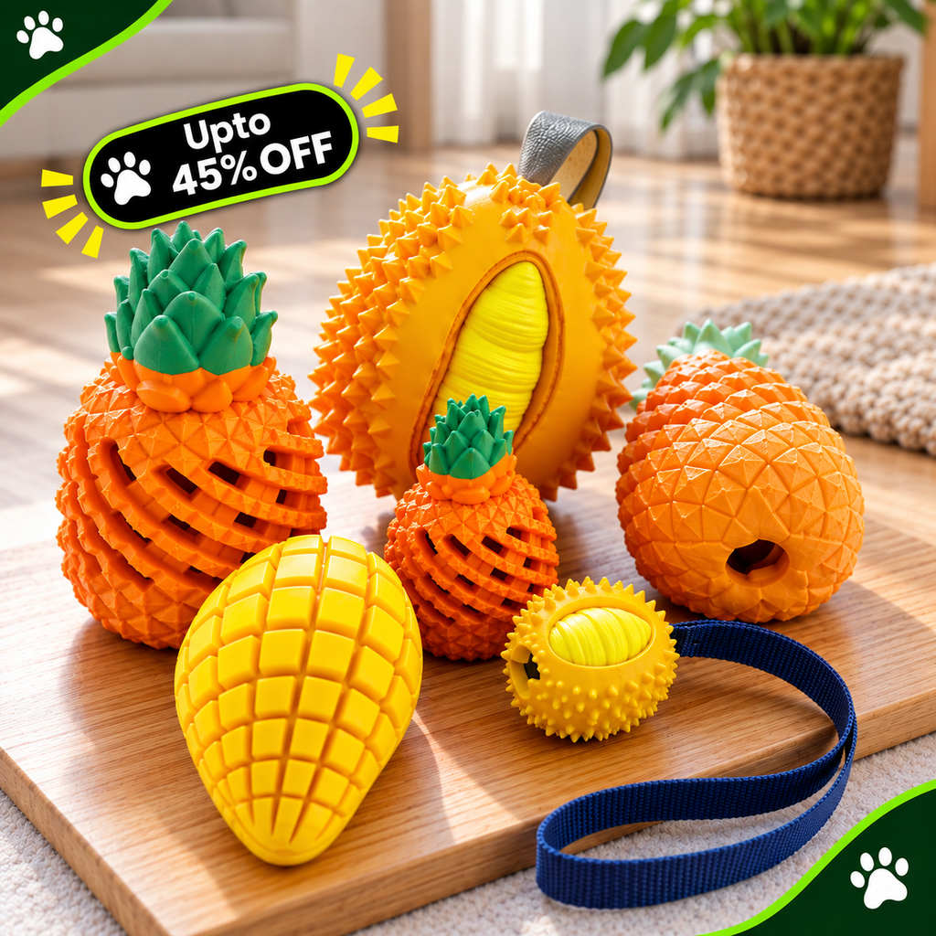 A set of colorful dog chew toys shaped like fruits, including orange spiky pineapple and durian toys, a yellow mango-shaped toy, a small yellow spiky ball, and a blue strap, arranged on a wooden cutting board in a home setting.