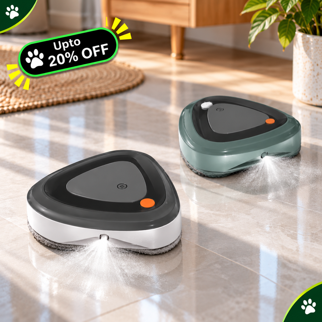 Two triangular robotic floor cleaners on a glossy tiled floor in a home setting, with one in dark gray and one in muted green. A promotional badge reading 'Upto 20% OFF' appears in the top left corner.