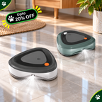 Two triangular robotic floor cleaners on a glossy tiled floor in a home setting, with one in dark gray and one in muted green. A promotional badge reading 'Upto 20% OFF' appears in the top left corner.