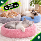 Three cats sleeping in round plush pet beds on a white rug, with a green promotional badge reading 'Upto 20% OFF' and paw-print corner graphics. The beds are pink, blue, and gray.