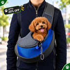 A small brown poodle sits in a blue and black pet carrier worn cross-body on a person's chest, with a blurred outdoor street background and promotional sale graphics in the corners.