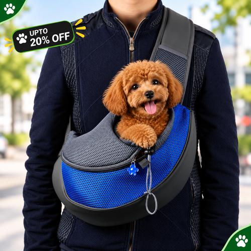 A small brown poodle sits in a blue and black pet carrier worn cross-body on a person's chest, with a blurred outdoor street background and promotional sale graphics in the corners.