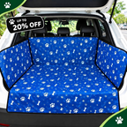 A blue pet cargo liner with a white paw print and bone pattern installed in the trunk of a white car. The trunk is surrounded by a black bumper, and a black promotional badge in the top left corner reads 'UP TO 20% OFF'.