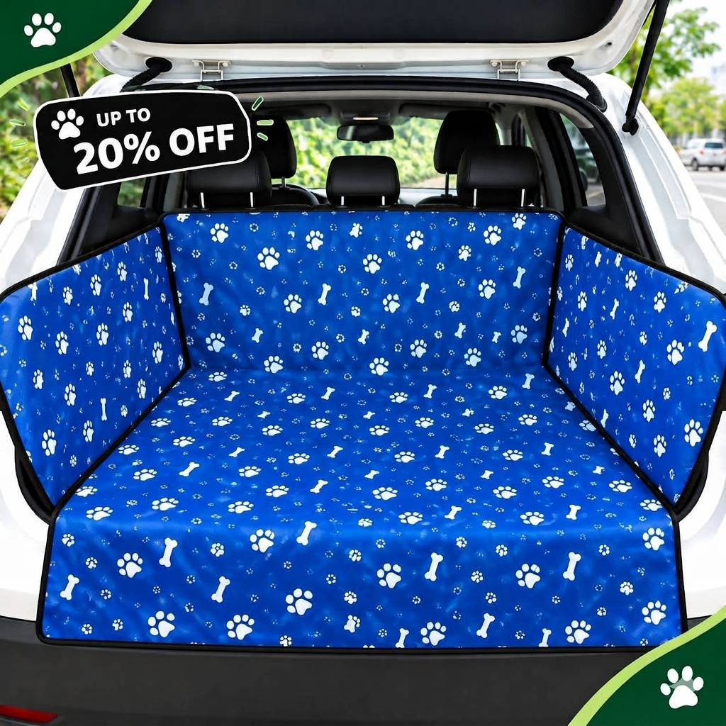 A blue pet cargo liner with a white paw print and bone pattern installed in the trunk of a white car. The trunk is surrounded by a black bumper, and a black promotional badge in the top left corner reads 'UP TO 20% OFF'.