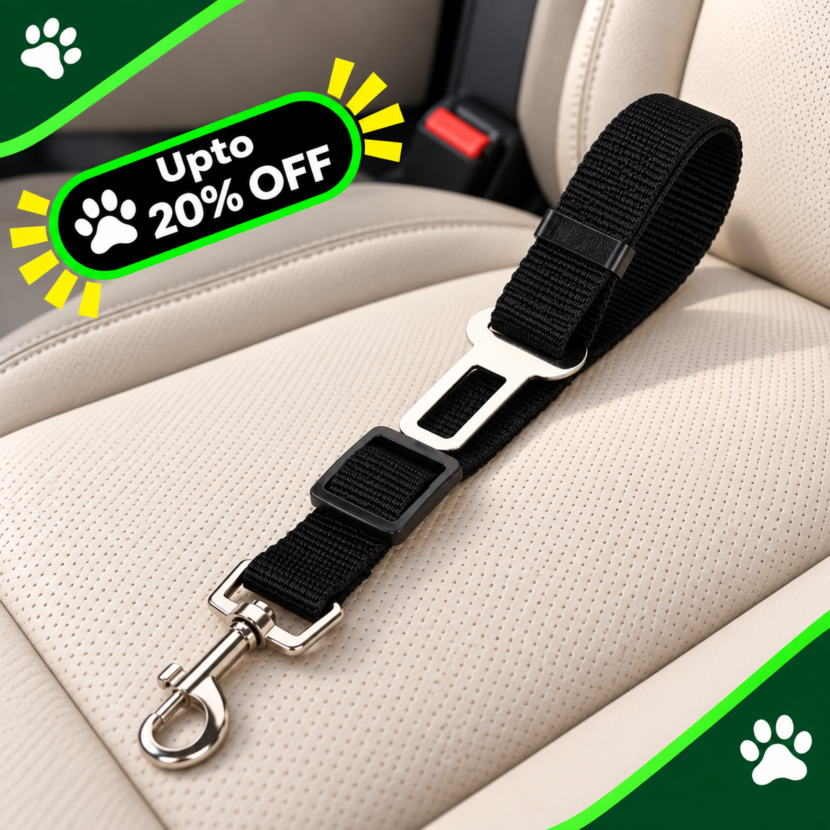 A black pet car seat belt clip with a silver metal clasp and strap, shown attached to a beige car seat. The image includes promotional graphics with a green paw print and an 'Upto 20% OFF' badge.