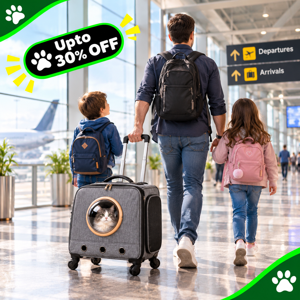 A man, a boy, and a girl walk through an airport terminal, with the man pulling a gray pet suitcase that has a round window showing a cat inside. The scene includes promotional graphics with paw prints and the text 'Upto 30% OFF'.