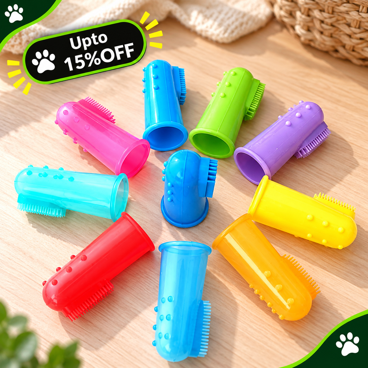 Eight colorful plastic pet grooming brushes arranged in a circle on a light wood surface, with a green promotional badge reading 'Upto 15% OFF' in the top left. The brushes come in pink, turquoise, blue, green, purple, yellow, orange, and red, and are shown from different angles to display their dual-sided design.