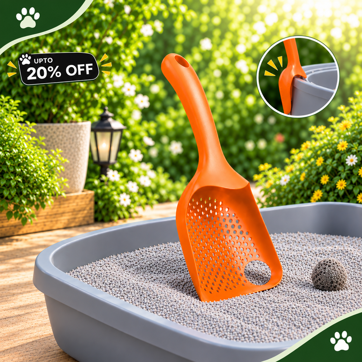 An orange plastic cat litter scoop standing in gray cat litter inside a gray litter box, with a circular inset showing a close-up of the scoop opening and a sale badge reading 'UP TO 20% OFF' over a garden background.