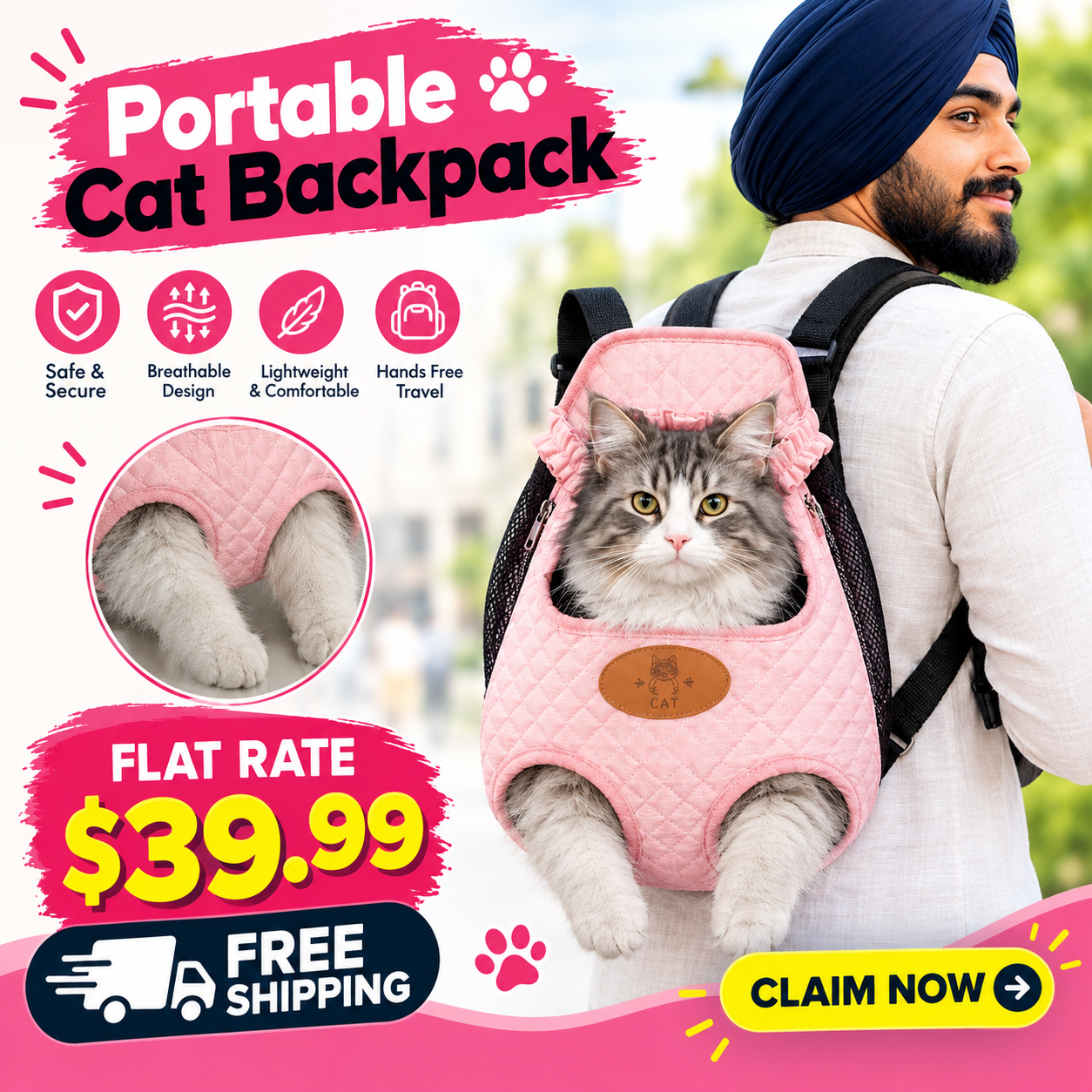 A man wearing a pink portable cat backpack carrier with a gray tabby cat inside, set against a blurred outdoor background. The image is heavily promotional with text overlays reading 'Portable Cat Backpack', 'FLAT RATE $39.