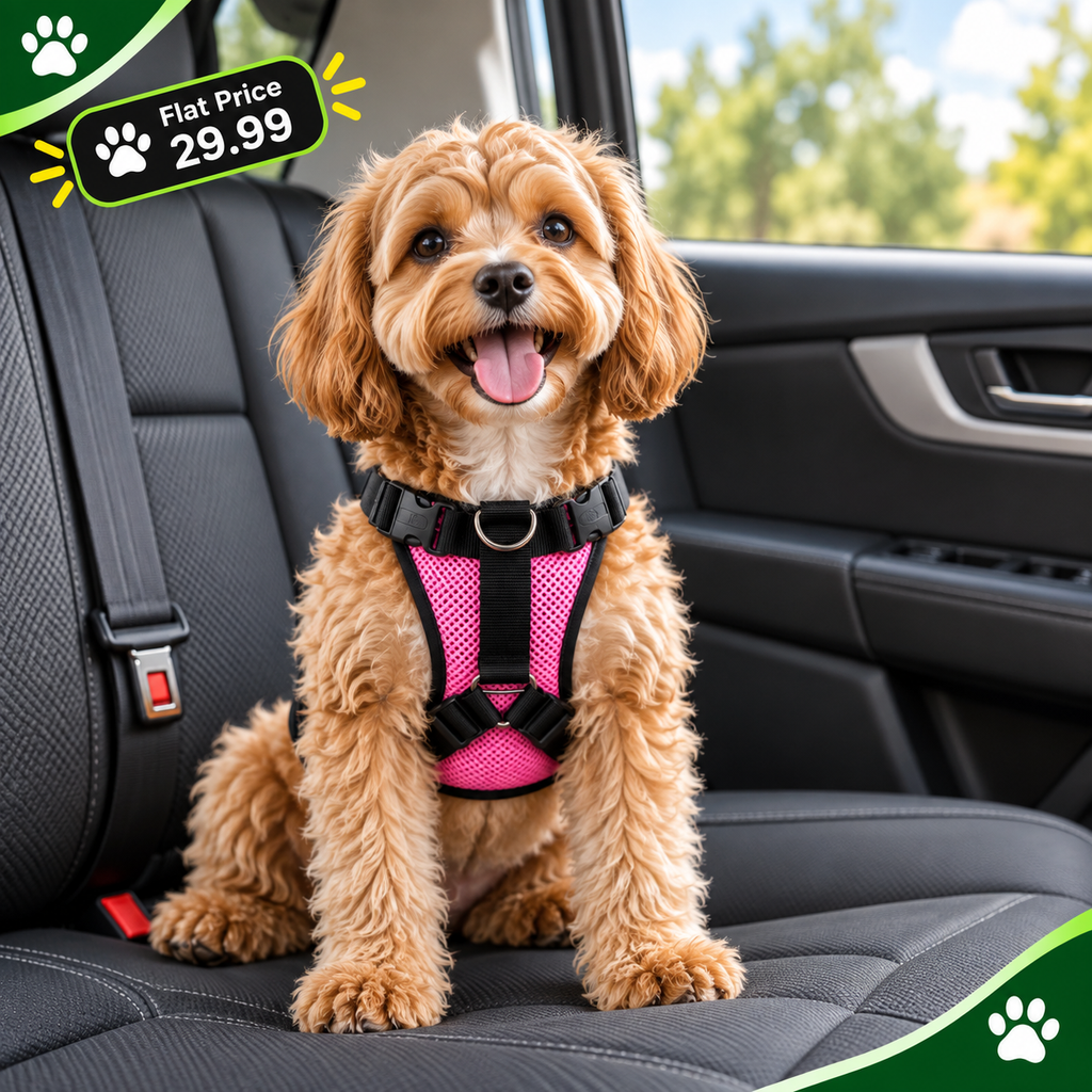 A small fluffy brown dog sits on a car seat wearing a bright pink and black mesh harness. The photo is taken inside a car, with the dog's face visible and a promotional price badge in the top-left corner.