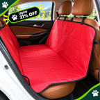 A red car rear seat cover with black trim and straps, shown installed across the back seats of a vehicle interior. The product is displayed in a real car environment, making the subject type Lifestyle.