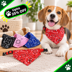 A beagle dog wearing a red bandana pet collar sits on a beige carpet in a bright indoor setting, with several bandanas in black, pink, blue, and red displayed in the foreground. A green promotional badge reading 'Upto 25% OFF' appears in the top left corner.