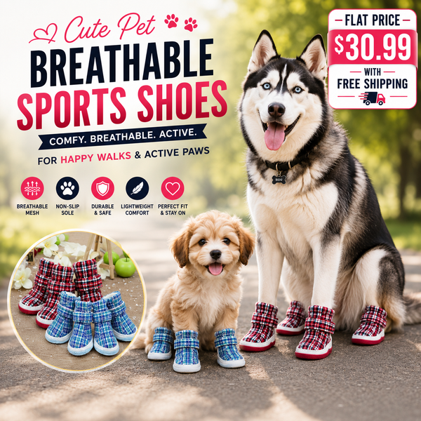 Three dogs wearing red and blue plaid breathable pet sports shoes on an outdoor path, with promotional text and a circular inset showing the shoes in detail.