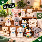 A group of plush animal toys arranged on wooden steps in a cozy living room. The toys include bears, dogs, penguins, and elephants in soft pastel and neutral colors, with some wearing colorful scarves and holding strawberry accessories.