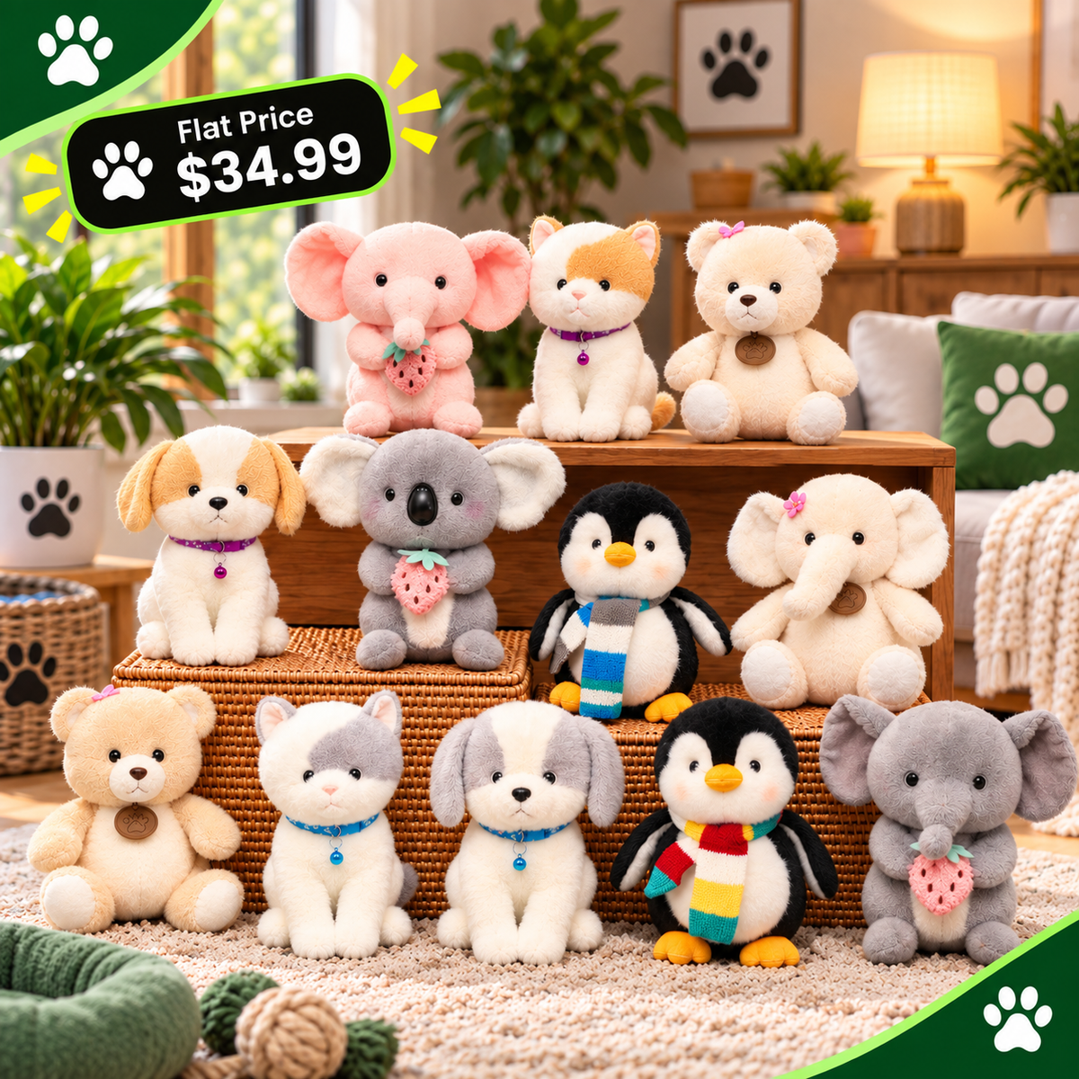 A group of plush animal toys arranged on wooden steps in a cozy living room. The toys include bears, dogs, penguins, and elephants in soft pastel and neutral colors, with some wearing colorful scarves and holding strawberry accessories.