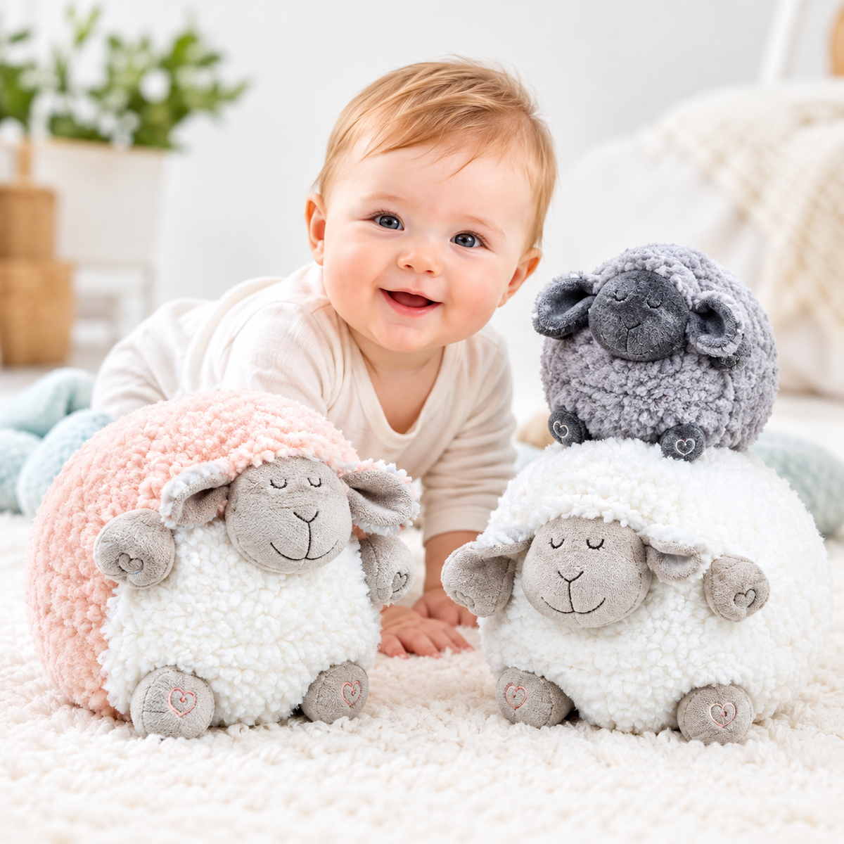 A baby smiling while lying on a white rug with three plush sheep toys. One sheep is pink and white, one is white with a gray face and feet, and one gray sheep sits on top of the white one.