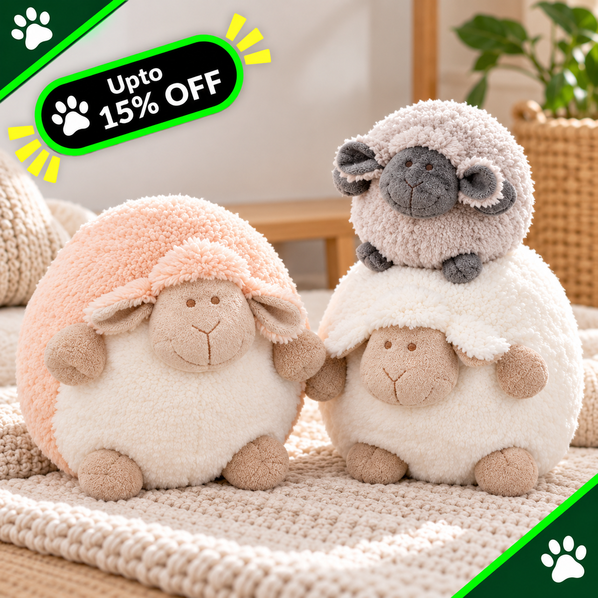 Two plush sheep toys in a cozy indoor setting. One sheep has a peach-pink fluffy hood and cream body, while the other has a light gray hood and white body, with a small gray sheep sitting on top of each.