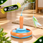 An electric pet toy with a circular orange and blue base, a flexible blue wand, and a feather attachment, shown on a wooden floor in a home setting with a 'Upto 15% OFF' promotional badge.