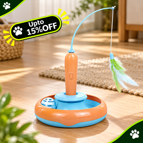 An electric pet toy with a circular orange and blue base, a flexible blue wand, and a feather attachment, shown on a wooden floor in a home setting with a 'Upto 15% OFF' promotional badge.