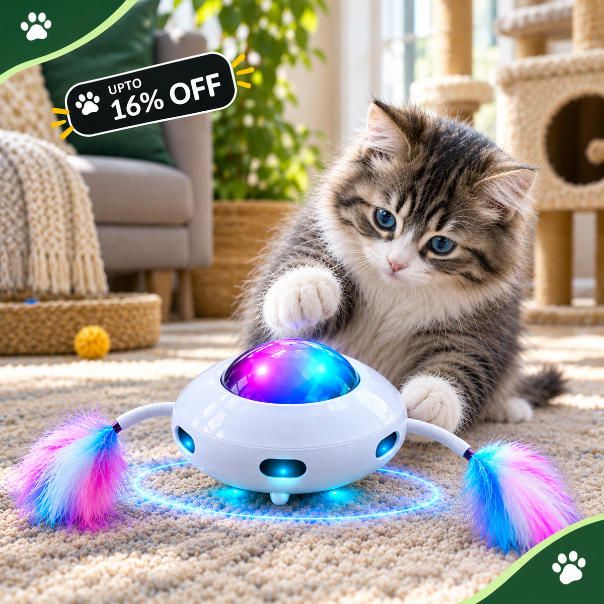A fluffy tabby kitten with blue eyes plays with a white flying toy mouse on a beige carpet in a bright room. The toy has colorful LED lights and two pink and blue fluffy tails.