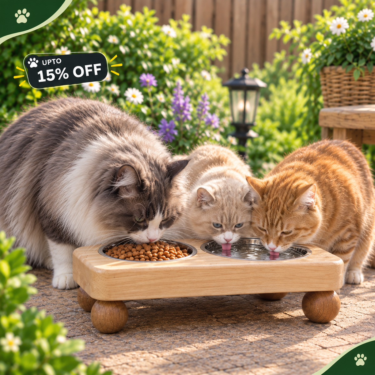 Three cats eating and drinking from a wooden elevated double pet feeder and water bowl in a sunny garden patio setting. A promotional badge reading 'UPTO 15% OFF' appears in the top left corner.